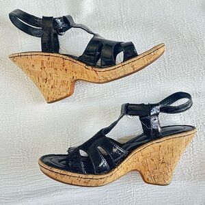 Elegant Black Patent Leather T-strap Cork Wedge Platform Born Crown Shoes